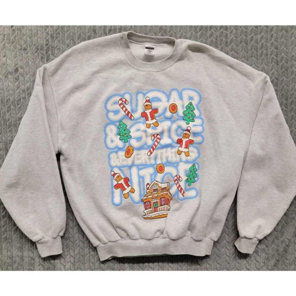 Sugar &‎ Spice Everything Nice Gingerbread House Christmas Sweater Gray Adult XL